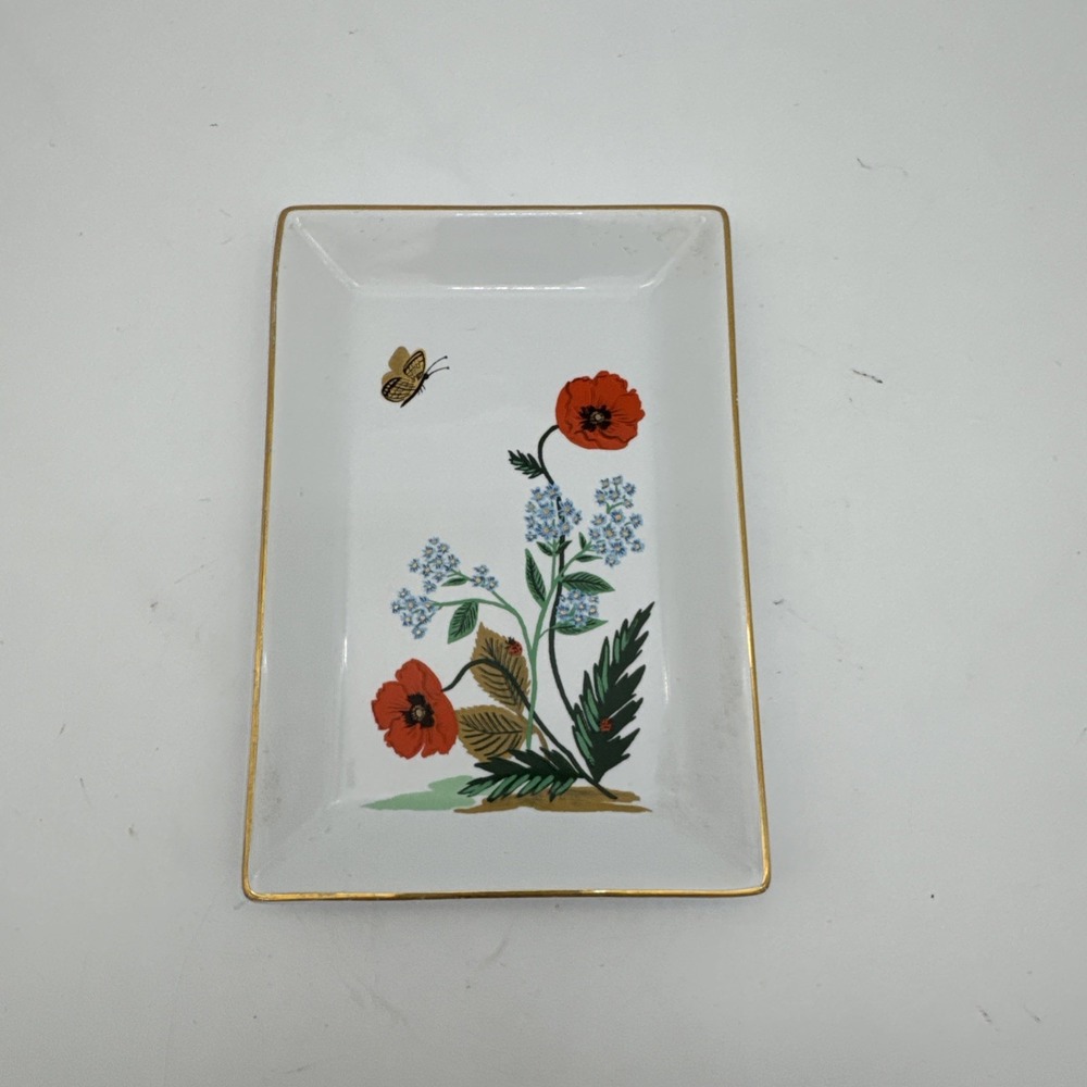 Rifle Paper Co Poppy Ceramic Tray With Gold Trim 6.5 x 4.5 in